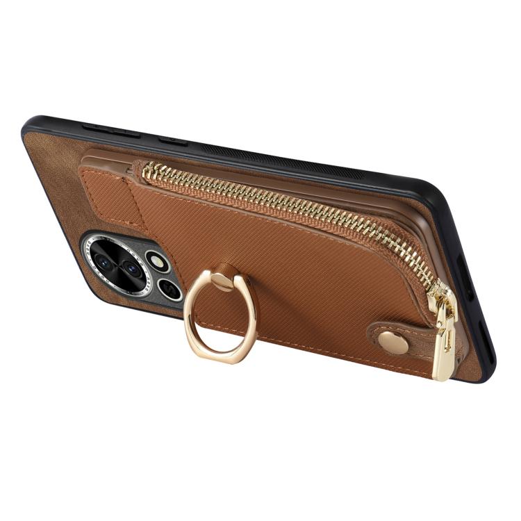 Funda para Teléfono Huawei P60 Pro con Cremallera Vertical y Anillo de Cuero Cruzado (Marrón)