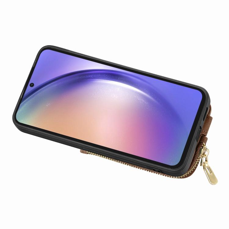Funda para Teléfono Huawei P60 Pro con Cremallera Vertical y Anillo de Cuero Cruzado (Marrón)