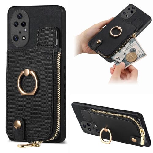 Funda para Teléfono Huawei P50 Pro con Cremallera Vertical y Anillo de Cuero Cruzado (Negro)