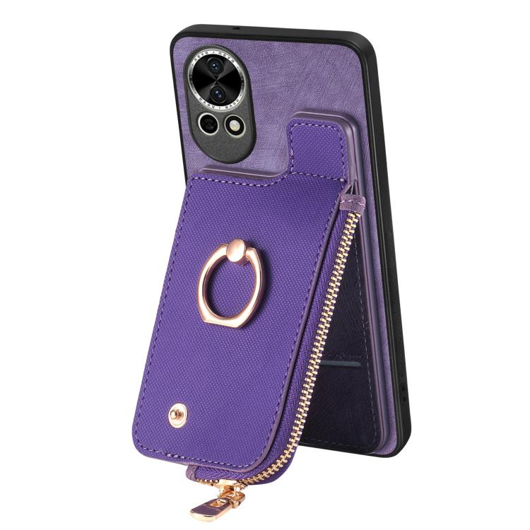 Funda para Teléfono Huawei Nova Y70/Y70+ con Cremallera Vertical y Anillo de Cuero Cruzado (Morado)