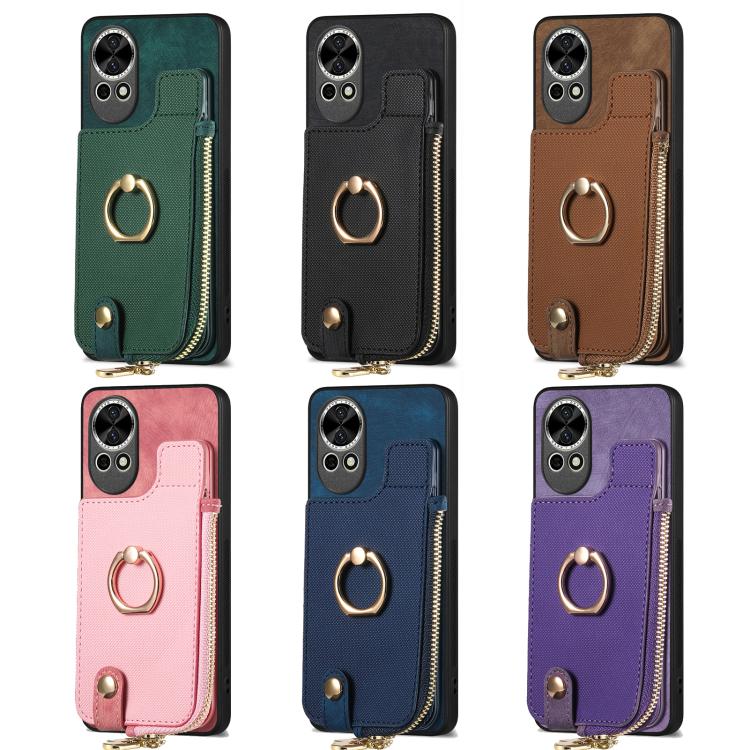 Funda para Teléfono Huawei Enjoy 60 con Cremallera Vertical y Anillo de Cuero Cruzado (Verde)