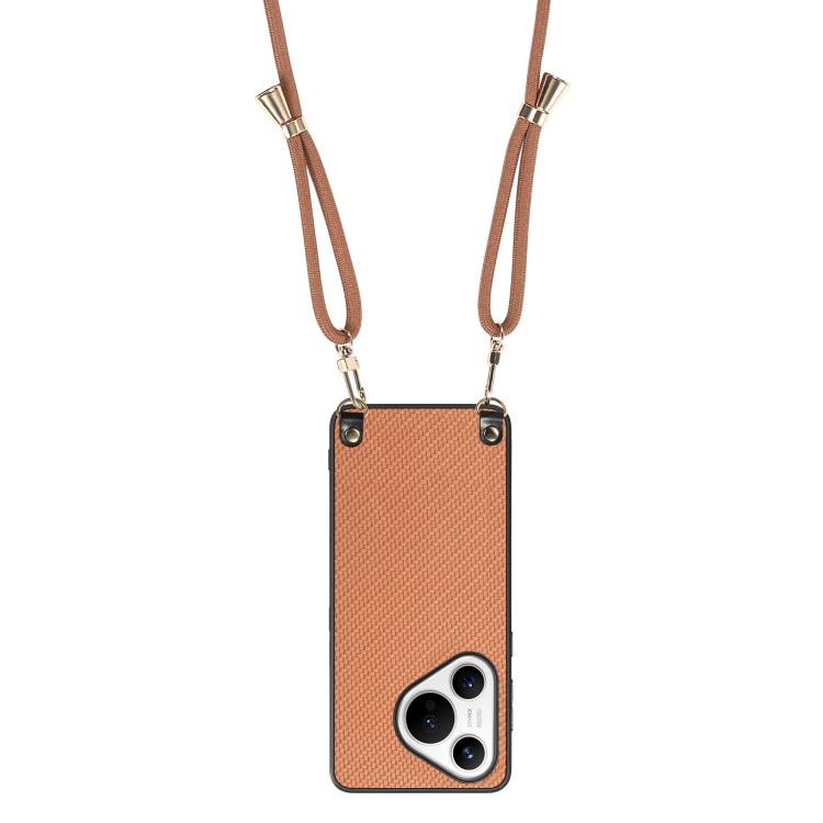 Funda de Cuero con Textura de Fibra de Carbono para Huawei Pura 70 con Correa Cruzada (Marrón)