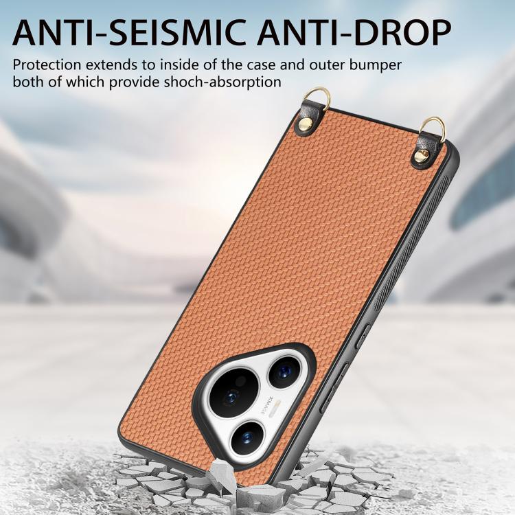 Funda de Cuero con Textura de Fibra de Carbono para Huawei Pura 70 con Correa Cruzada (Marrón)