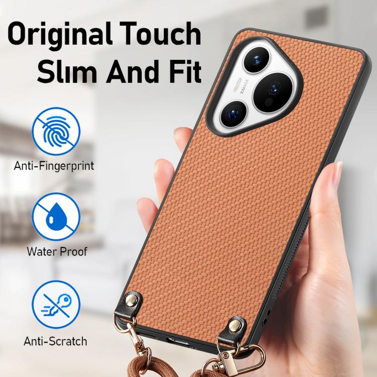 Funda de Cuero con Textura de Fibra de Carbono para Huawei Pura 70 con Correa Cruzada (Marrón)