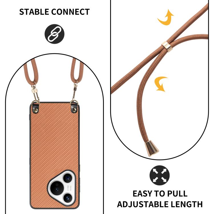 Funda de Cuero Huawei Pura 70 Pro con Textura de Fibra de Carbono y Correa Cruzada (Marrón)