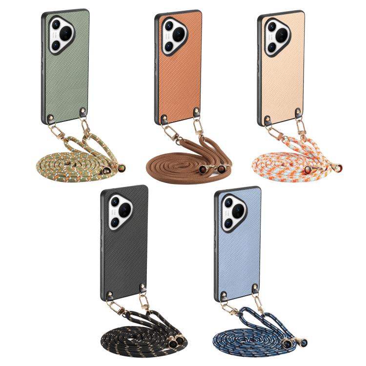 Funda de Cuero con Textura de Fibra de Carbono para Huawei Pura 70 con Correa Cruzada (Marrón)
