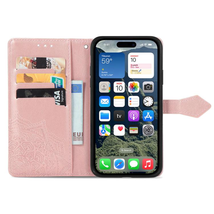 Funda de Cuero con Relieve de Flor de Mandala para iPhone 16E (Oro Rosa)