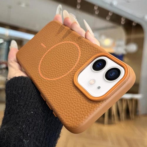Funda TPU iPhone 11 con Diseño de Grano de Lichi y Anillo Magsafe (Marrón)