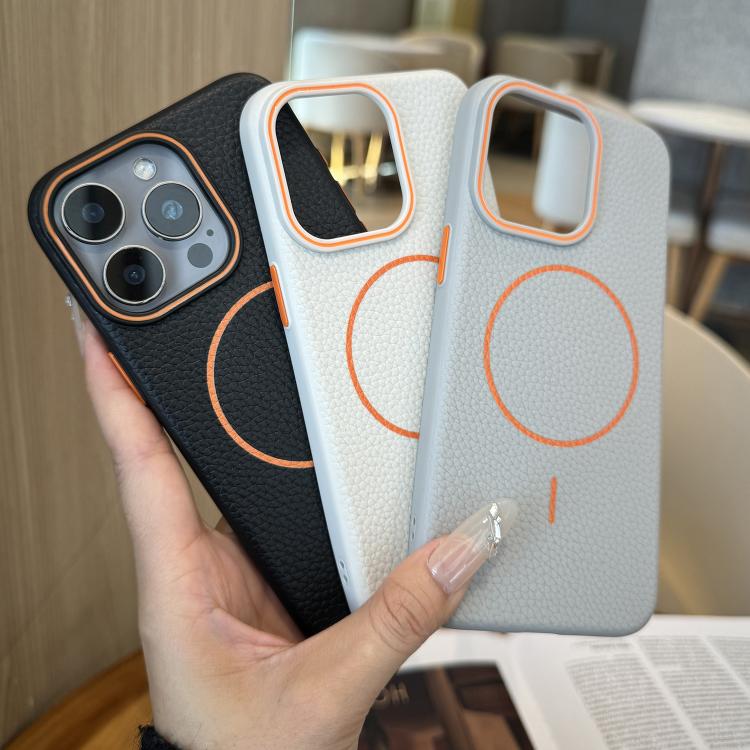 Funda TPU con Diseño Grano de Lichi y Anillo Naranja Magsafe para iPhone 14 Pro Max (Negra)