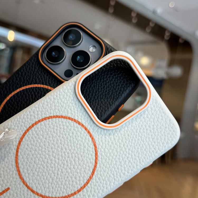 Funda TPU con Diseño Grano de Lichi y Anillo Naranja Magsafe para iPhone 14 Pro Max (Negra)