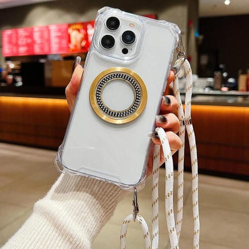 Funda para Teléfono TPU iPhone 12 Pro Traveler Crossbody con Cuatro Esquinas y Cordón (Blanca)