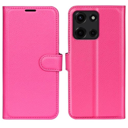 Funda de Cuero con Tapa Horizontal y Textura de Lichi para Motorola Moto G 5G (2025) con Soporte (Rosa Rojo)