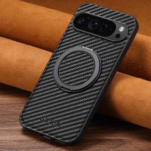 Funda de Cuero Suteni G3 con Textura Fibra de Carbono y Soporte Giratorio 360° para Google Pixel 9 Pro (Negro)