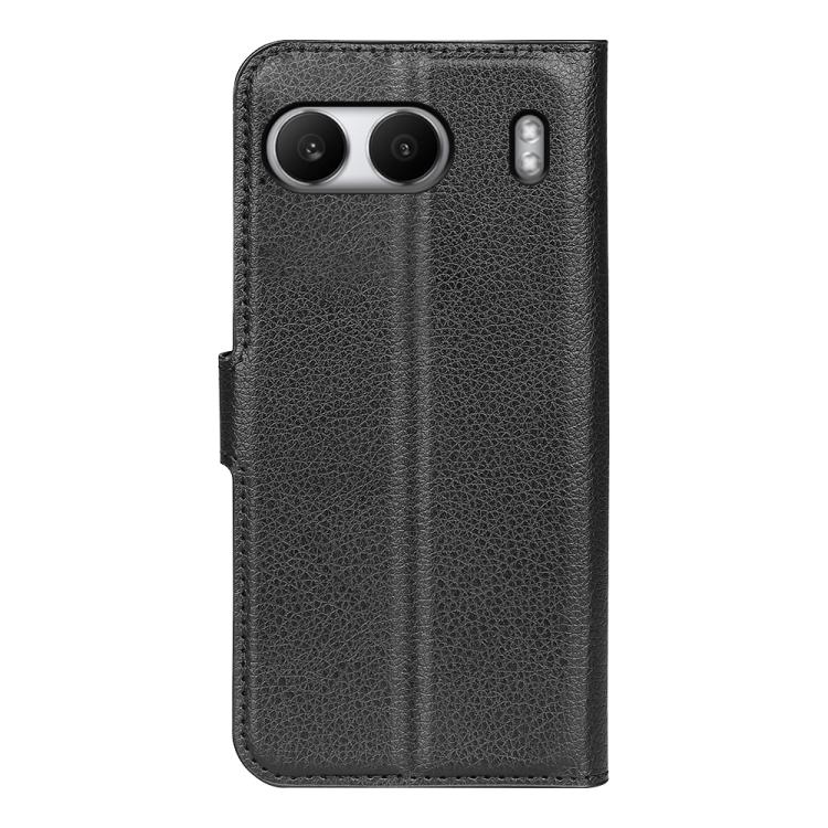 Funda de Cuero OnePlus Nord 4 con Tapa Horizontal Textura de Lichi y Soporte (Negro)