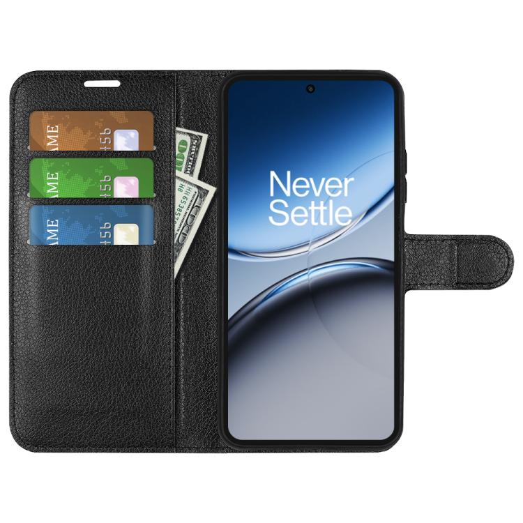 Funda de Cuero OnePlus Nord 4 con Tapa Horizontal Textura de Lichi y Soporte (Negro)