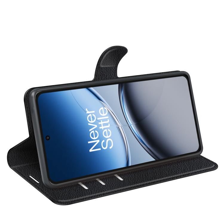 Funda de Cuero OnePlus Nord 4 con Tapa Horizontal Textura de Lichi y Soporte (Negro)