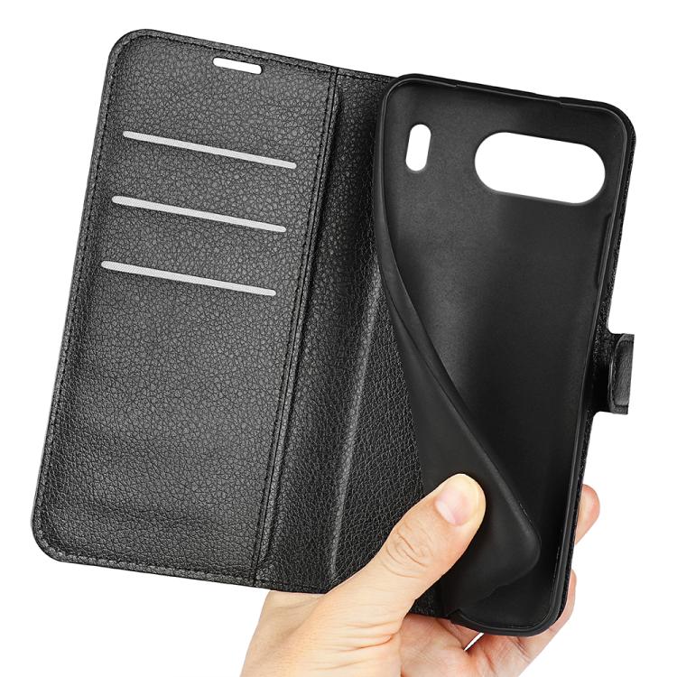 Funda de Cuero OnePlus Nord 4 con Tapa Horizontal Textura de Lichi y Soporte (Negro)