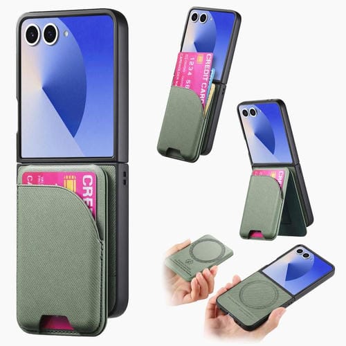 Funda magnética para Samsung Galaxy Z Flip7 5G, de piel y sarga, con tarjetero (verde)