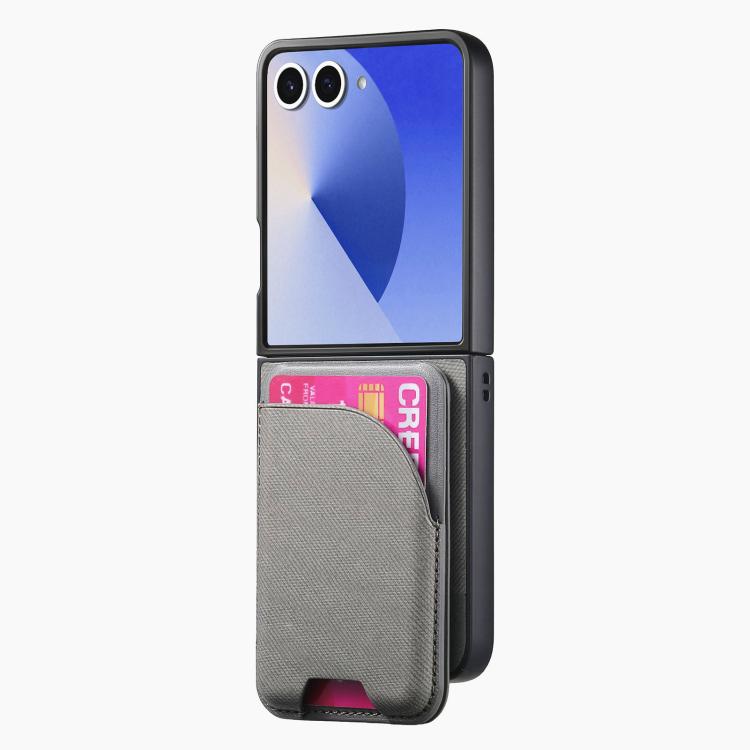 Funda magnética para Samsung Galaxy Z Flip7 5G, de piel y sarga, con tarjetero (gris)