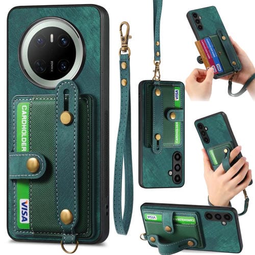 Funda de Cuero Tipo Billetera Huawei Mate 70 Diseño Retro Pulsera Cruzada (Verde)