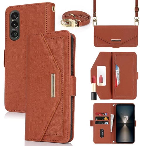 Funda de Cuero para Sony Xperia 1 Vi con Textura Cruzada y Cordón (Marrón)