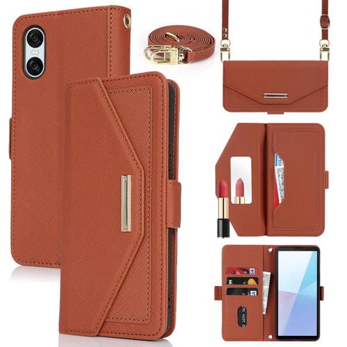 Funda de Cuero para Sony Xperia 10 Vi con Textura Cruzada y Cordón (Marrón)