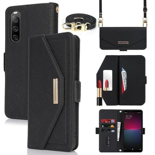 Funda de Cuero con Textura Cruzada y Cordón para Sony Xperia 10 Iv (Negra)