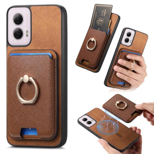 Funda para Motorola Moto G35 con Ranuras para Tarjetas y Anillo de Cuero (Marrón)