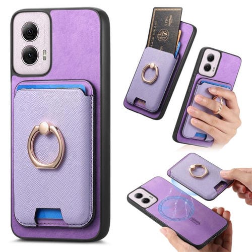 Funda para Motorola Moto G55 con Ranuras para Tarjetas y Anillo de Cuero (Morado)