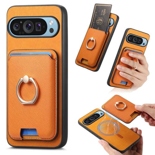 Funda para Google Pixel 9 Pro XL con Ranuras para Tarjetas y Anillo de Cuero (Amarillo)