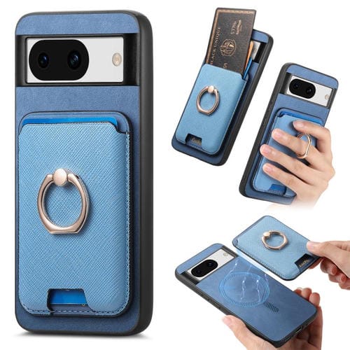 Funda para Google Pixel 8A con Ranuras para Tarjetas y Anillo de Cuero Diseño Retro Cruzado (Azul)