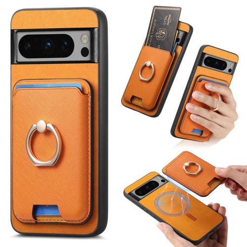 Funda para Google Pixel 8 Pro con Ranuras para Tarjetas y Anillo de Cuero Diseño Retro (Amarillo)