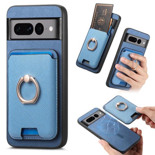 Funda para Google Pixel 7 Pro con Ranuras para Tarjetas y Anillo de Cuero Diseño Retro (Azul)