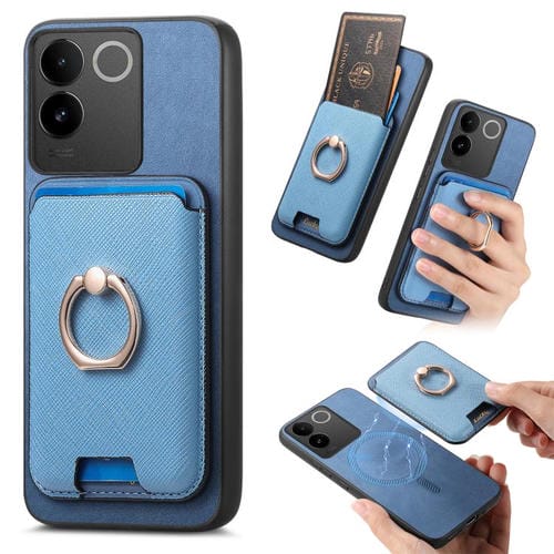 Funda para Vivo Iqoo 11 Pro 5G con Anillo de Cuero Retro Cruzado, Ranuras para Tarjetas y Ranuras para Tarjetas (Azul)
