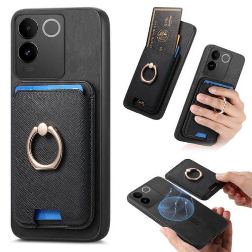 Funda para Vivo S20 Pro con Anillo de Cuero Retro Cruzado y Ranuras para Tarjetas, con Inserción Vertical, Magsafe (Negra)