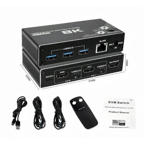Adaptador Concentrador USB 3.0 K1 2 Puertos HDcp 2.3 RJ45 4K 120 Hz HDMI 2.0B USB-C Conmutador KVM (Negro)