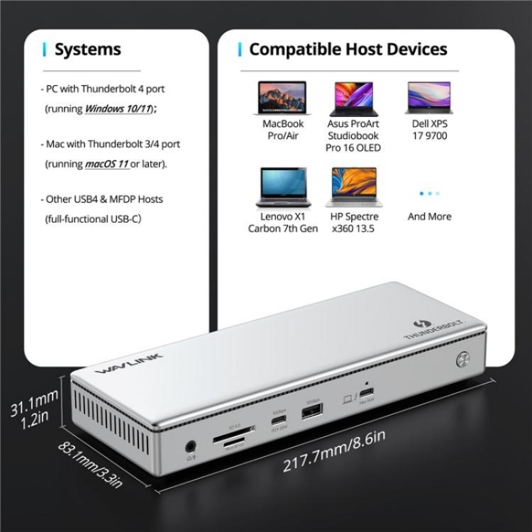 Estación de Acoplamiento Wavlink Utd45 96 W Thunderbolt 4 Concentrador 13 En 1 para Pantallas 8K/4K (Enchufe Australiano)