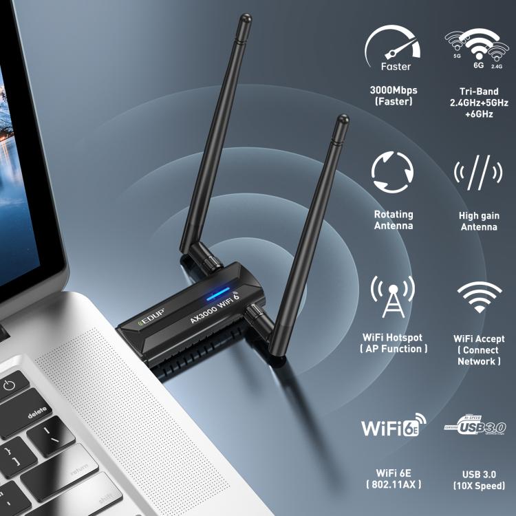 Adaptador Inalámbrico USB 3.0 Edup Ep-Ax1672 Ax3000 WIFI 6E 802.11G 2,4 GHz 5 GHz 6 GHz Chipset Mt7621Au