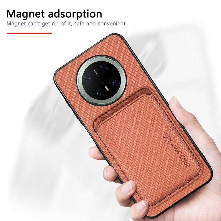 Funda de cuero de fibra de carbono con tarjetero Magsafe para Huawei Nova 14 (marrón)