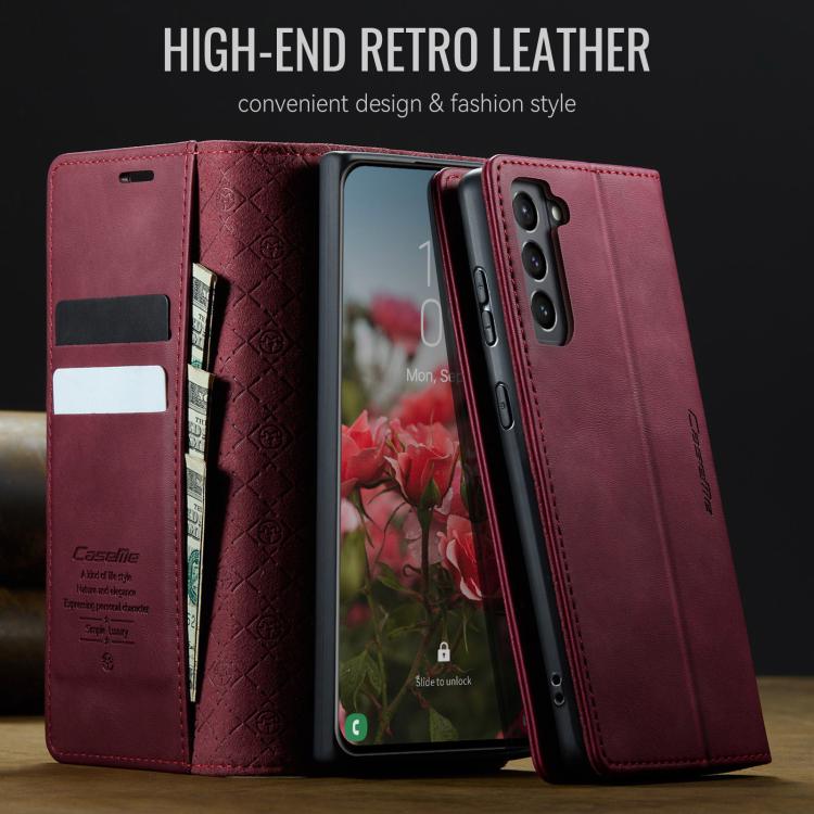 Funda CaseMe 033 para Samsung Galaxy S21 5G, forro de piel de becerro, microfibra, con bloqueo RFID (roja)