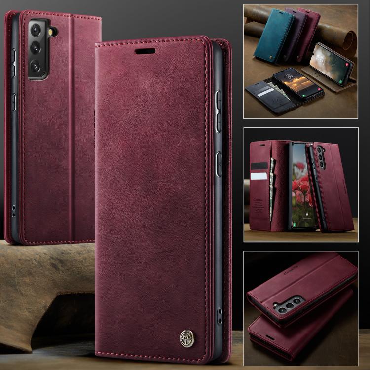 Funda CaseMe 033 para Samsung Galaxy S21 5G, forro de piel de becerro, microfibra, con bloqueo RFID (roja)