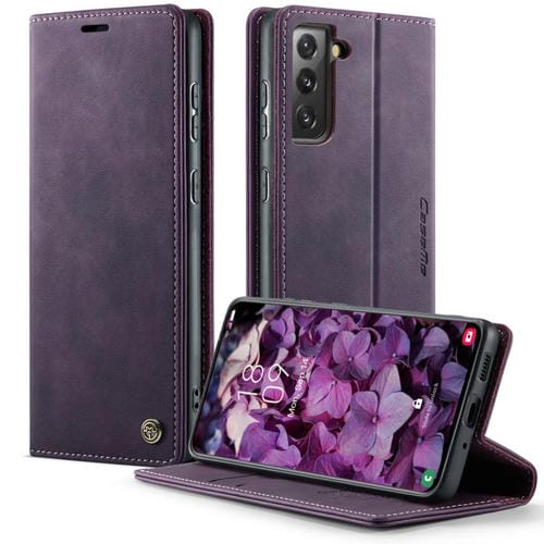 Funda CaseMe 033 para Samsung Galaxy S21 5G, forro de piel de becerro, microfibra, con bloqueo RFID (morado)