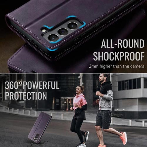 Funda CaseMe 033 para Samsung Galaxy S21 5G, forro de piel de becerro, microfibra, con bloqueo RFID (morado)