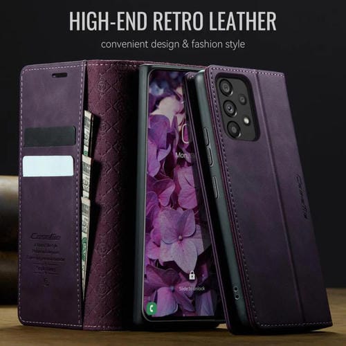 Funda CaseMe 033 para Samsung Galaxy A53, forro de piel de becerro, microfibra, con bloqueo RFID (morado)