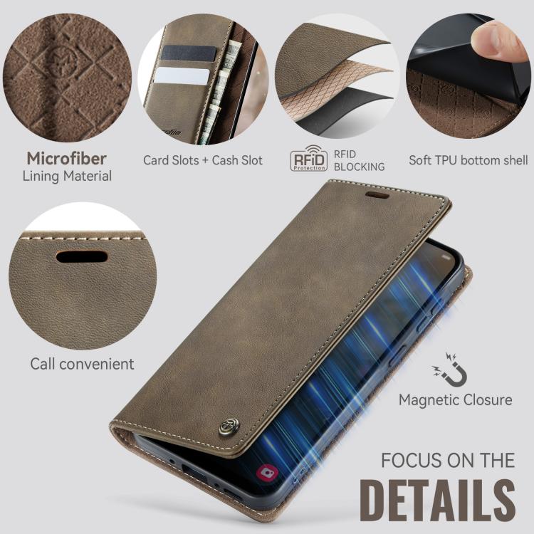 Funda para Samsung Galaxy A55 CaseMe 033 con forro de piel de becerro, microfibra y bloqueo RFID (café)