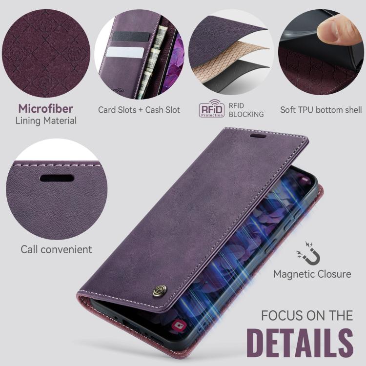Funda para Samsung Galaxy A55 CaseMe 033 con forro de piel de becerro, microfibra y bloqueo RFID (morado)