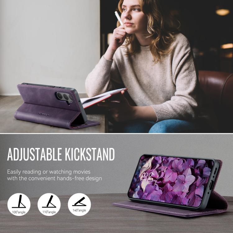 Funda para Samsung Galaxy A55 CaseMe 033 con forro de piel de becerro, microfibra y bloqueo RFID (morado)