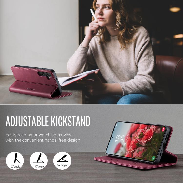 Funda para Samsung Galaxy A14 CaseMe 033 con forro de piel de becerro, microfibra y bloqueo RFID (roja)