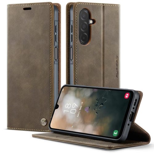 Funda CaseMe 033 para Samsung Galaxy A26, forro de piel de becerro, microfibra y bloqueo RFID (café)