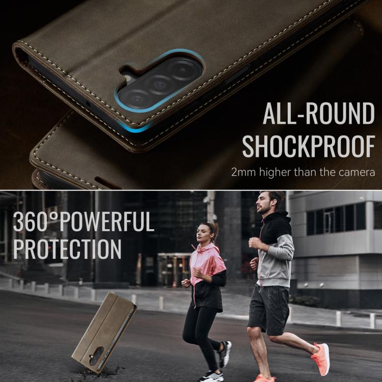 Funda CaseMe 033 para Samsung Galaxy A26, forro de piel de becerro, microfibra y bloqueo RFID (café)